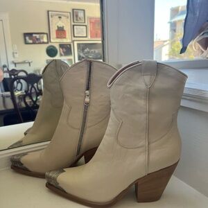 Free People Cream Heeled Boots with Silver Tips